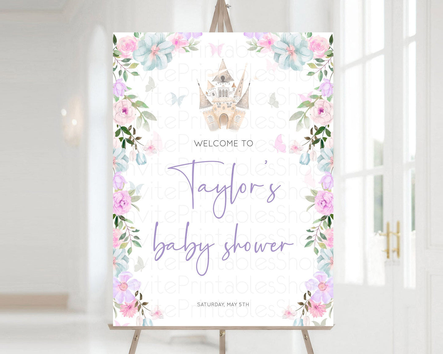 Princess Baby Shower Welcome Sign Castle Welcome Board Secret Garden Enchanted Castle Pastel Floral Garden Baby Shower Welcome Sign D10471