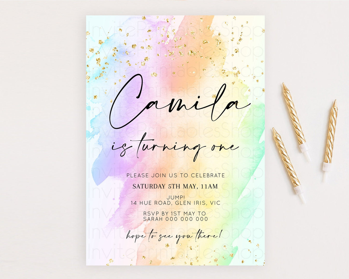 Rainbow Birthday Invitation Colorful Pastel Watercolor Invitation Gold Glitter Sprinkles Ombre Pastel 1st 2nd 3rd Birthday D10645