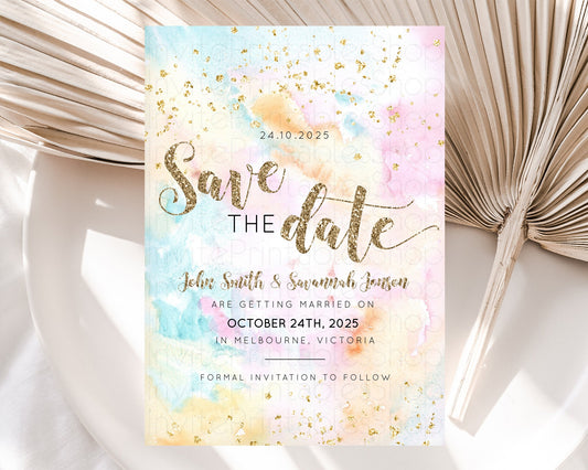 Pastel Save The Date Template Pastel Ombre Rainbow Watercolor Colorful Party For Birthday Baptism Baby Shower Wedding Bridal Shower D10548