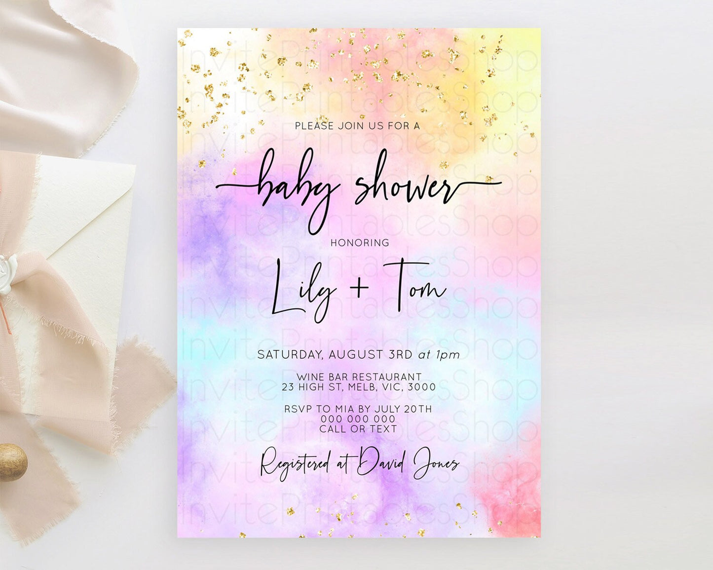 Pastel Baby Shower Invitation Rainbow Baby Shower Invitation Colorful Pastel Watercolor Invitation Gold Glitter Sprinkles Ombre D10437