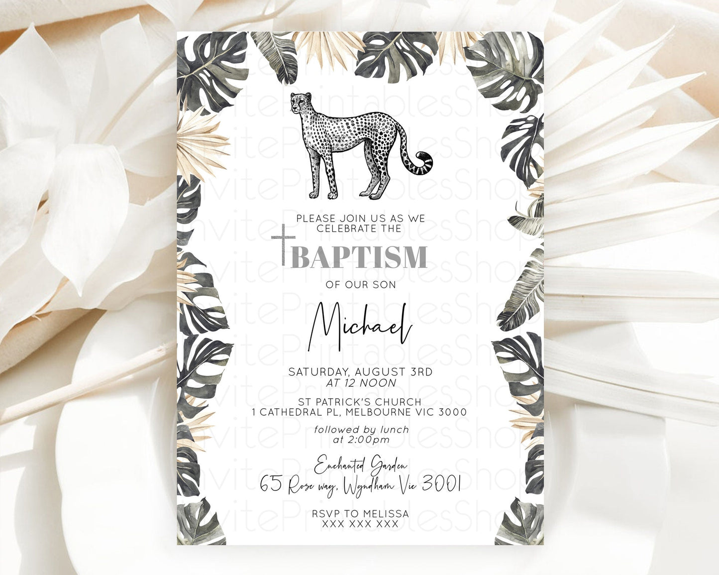 Cheetah Baptism Invitation Cheetah Baptism 1st Birthday Invitation Cheetah Safari Adventure Christening Party Palm Leaf Zoo Cheetah D10823