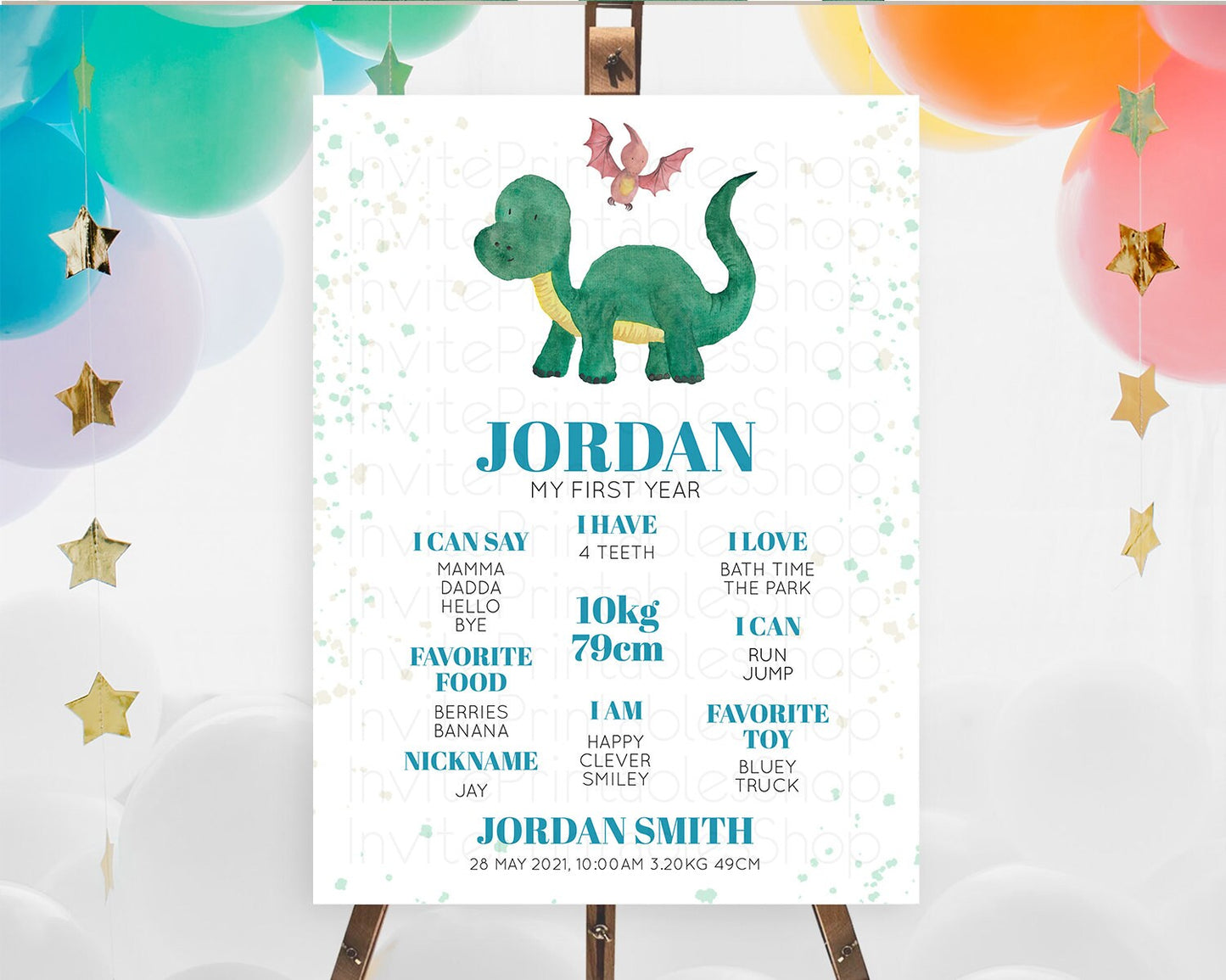 Dinosaur First Birthday Milestone Board Dinosaur Volcano Milestone Poster Watercolor Volcano T-Rex Raptor Jurassic 1st Birthday Sign D10153