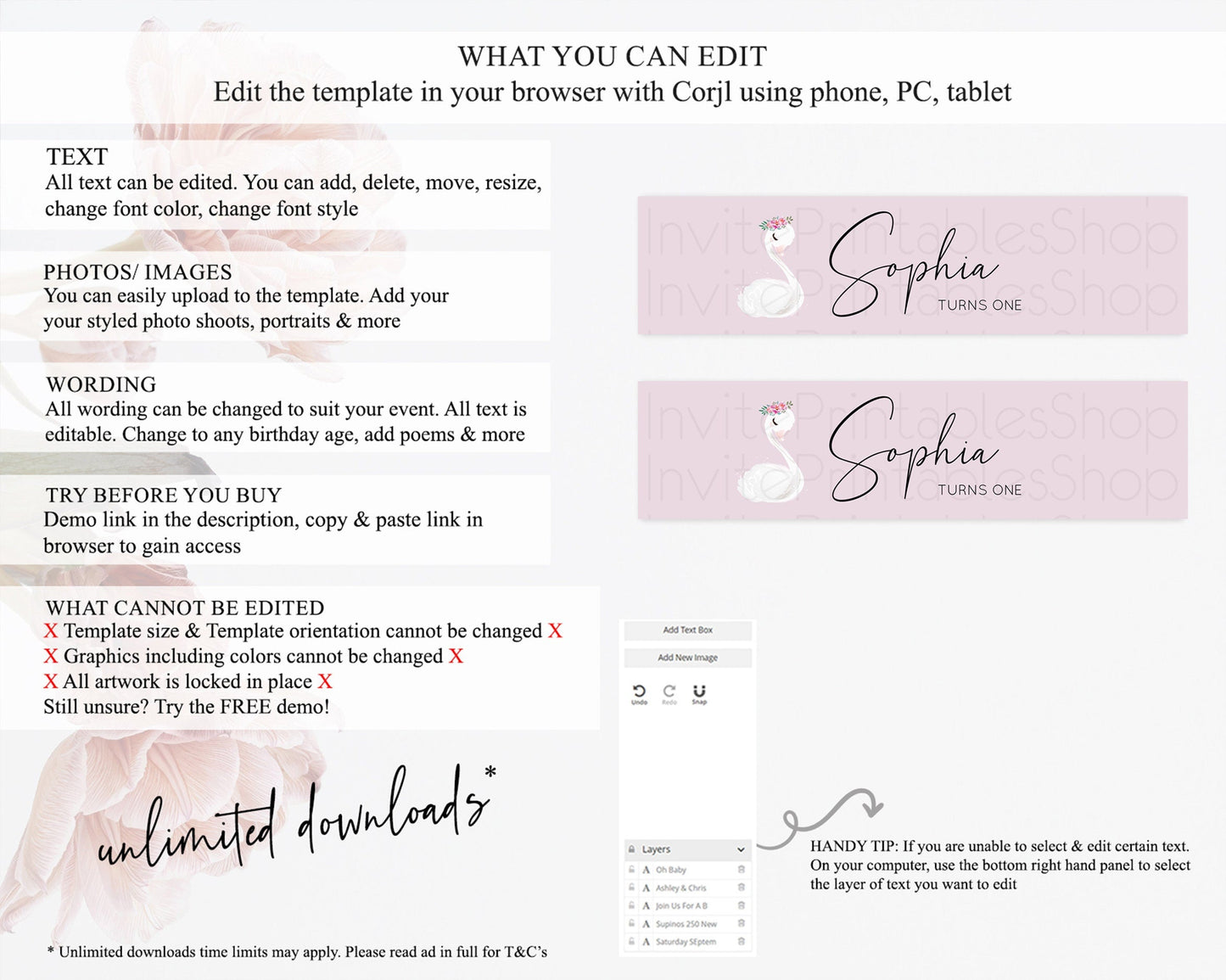 Swan Water Label Template Swan Princess Ballet Party Decor Enchanted Secret Garden Pastel Floral Birthday Baptism Baby Shower D10758