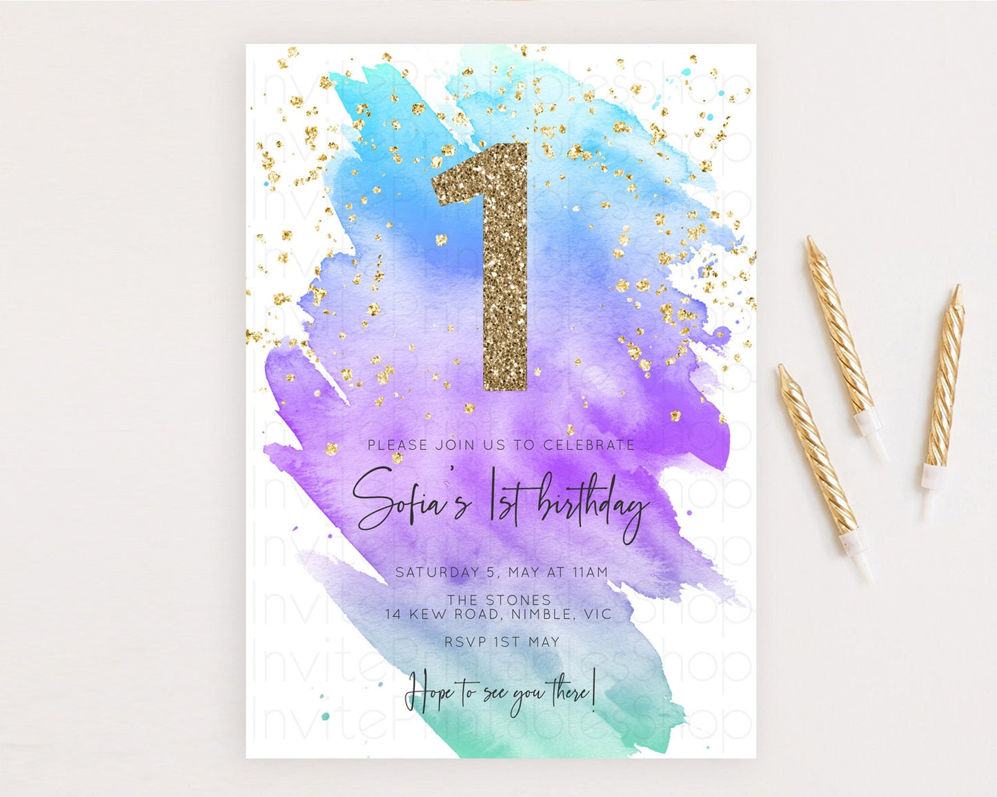 Rainbow Birthday Invitation Colorful Pastel Watercolor Invitation Gold Glitter Sprinkles Ombre Pastel 1st 2nd 3rd Birthday D10491
