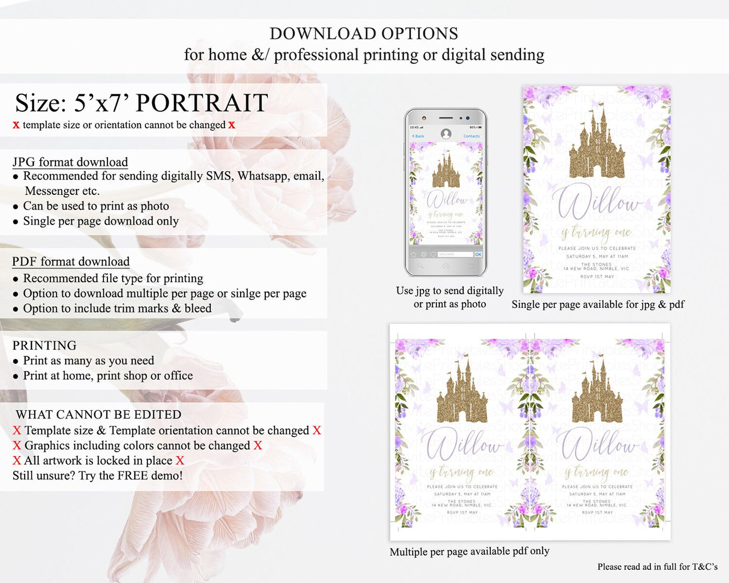 Princess Birthday Invitation Castle Invitation Royal Birthday Fairy Tale Enchanted Castle Pastel Floral Garden 1st First Birthday D10933