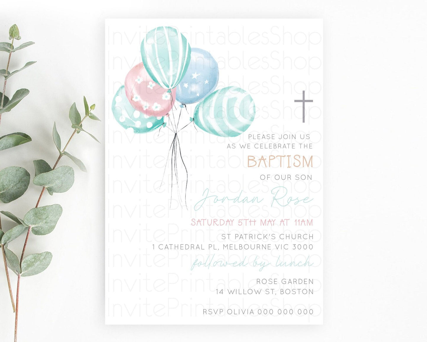 Balloon Baptism Invitation Pastel Baptism 1st Birthday Invitation Pastel Balloon Christening Invite Colorful Rainbow Balloon Invites D22997