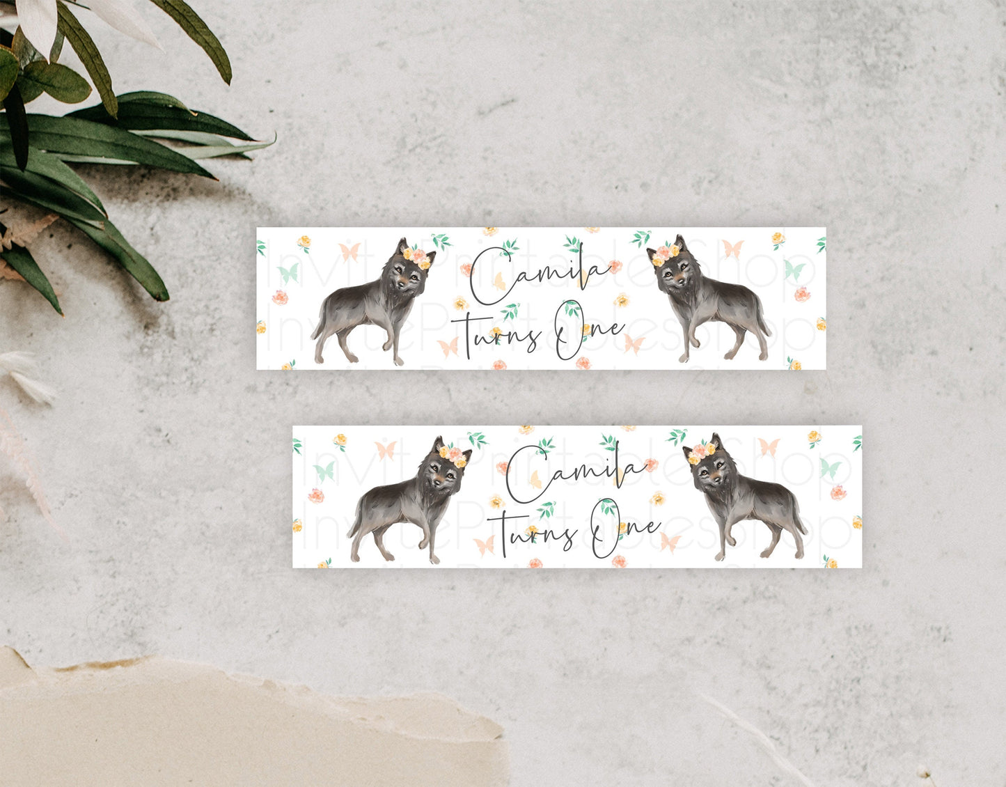 Wolf Water Label Template Pastel Floral Wolf Party Decor Forest Adventure Wilderness Theme Birthday Baptism Christening Baby Shower D10362