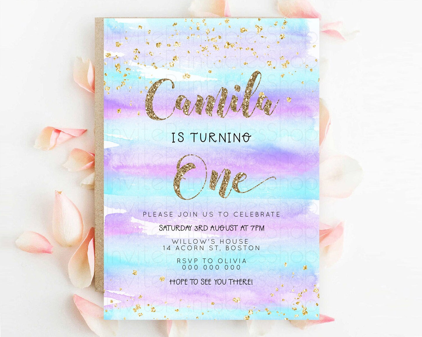 Rainbow Birthday Invitation Colorful Pastel Watercolor Invitation Gold Glitter Sprinkles Ombre Pastel 1st 2nd 3rd Birthday D23264