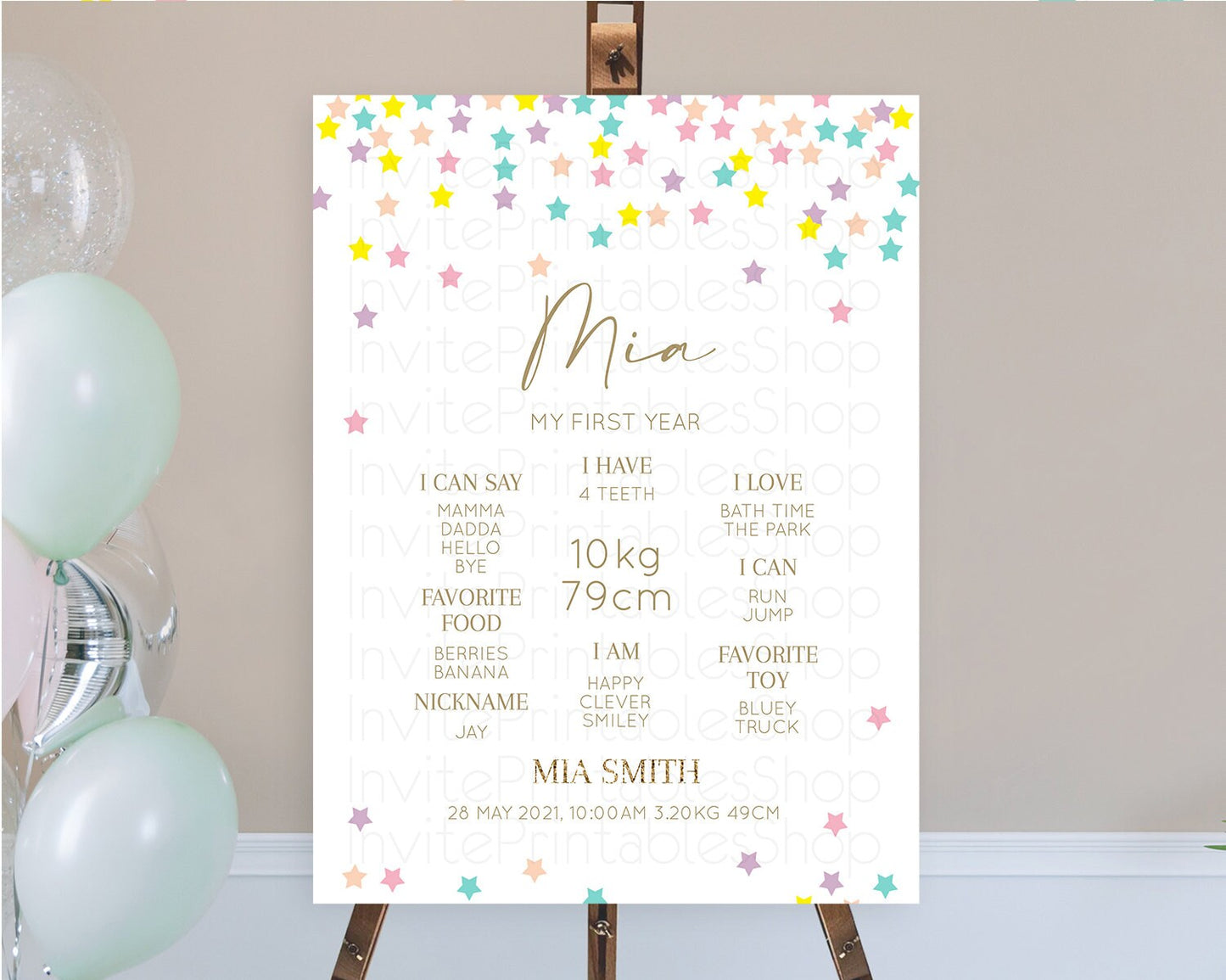 Star First Birthday Milestone Poster Pastel Stars Milestone Shooting Star Rainbow Colorful Confetti Twinkle Little Star 1st Birthday D10601