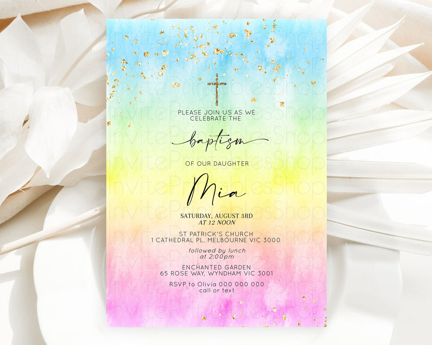 Pastel Baptism Invitation Pastel Colors Watercolor Baptism 1st Birthday Party Gold Ombre Pastel Rainbow Christening Holy Communion D10483