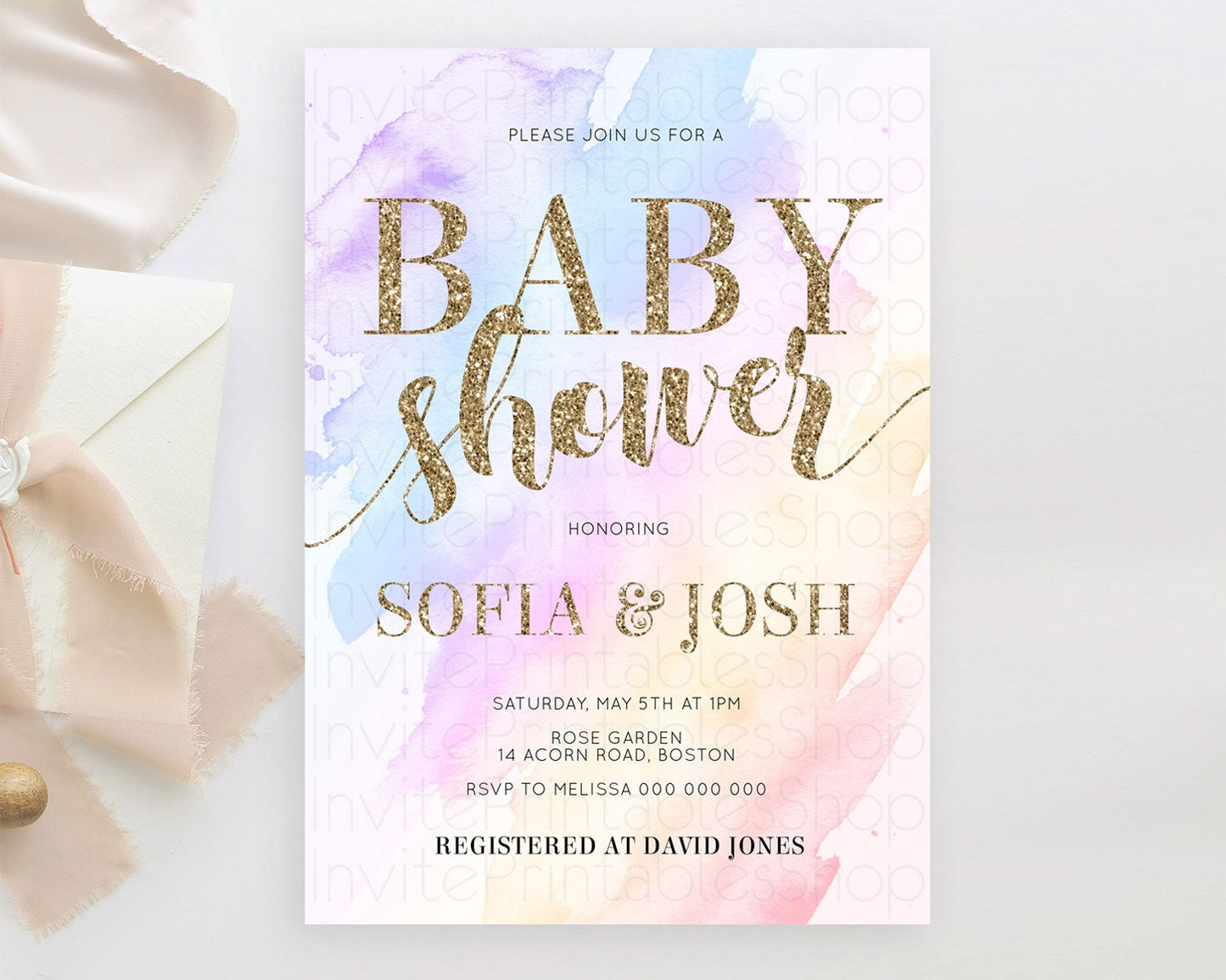 Pastel Baby Shower Invitation Rainbow Baby Shower Invitation Colorful Pastel Watercolor Invitation Gold Glitter Sprinkles Ombre D10633