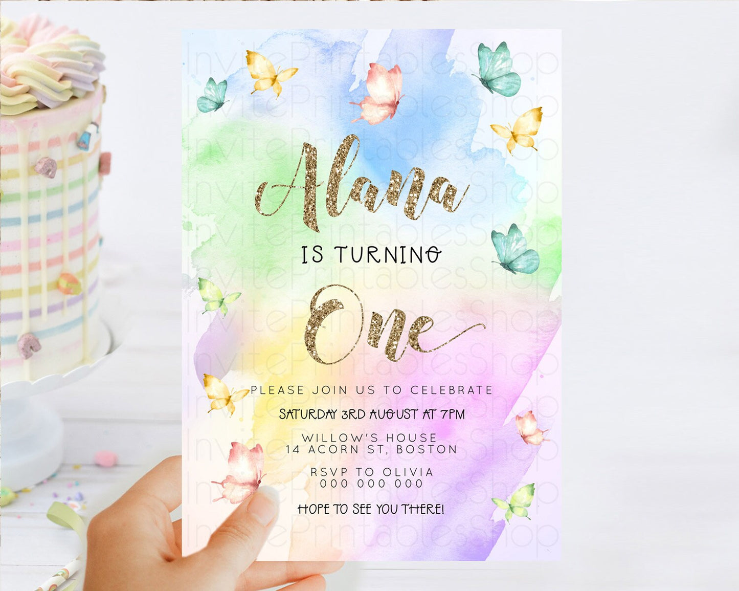 Pastel Butterfly Birthday Invitation Butterfly Birthday Invitation Colorful Splash Glitter Butterfly Garden 1st 2nd Birthday D23257