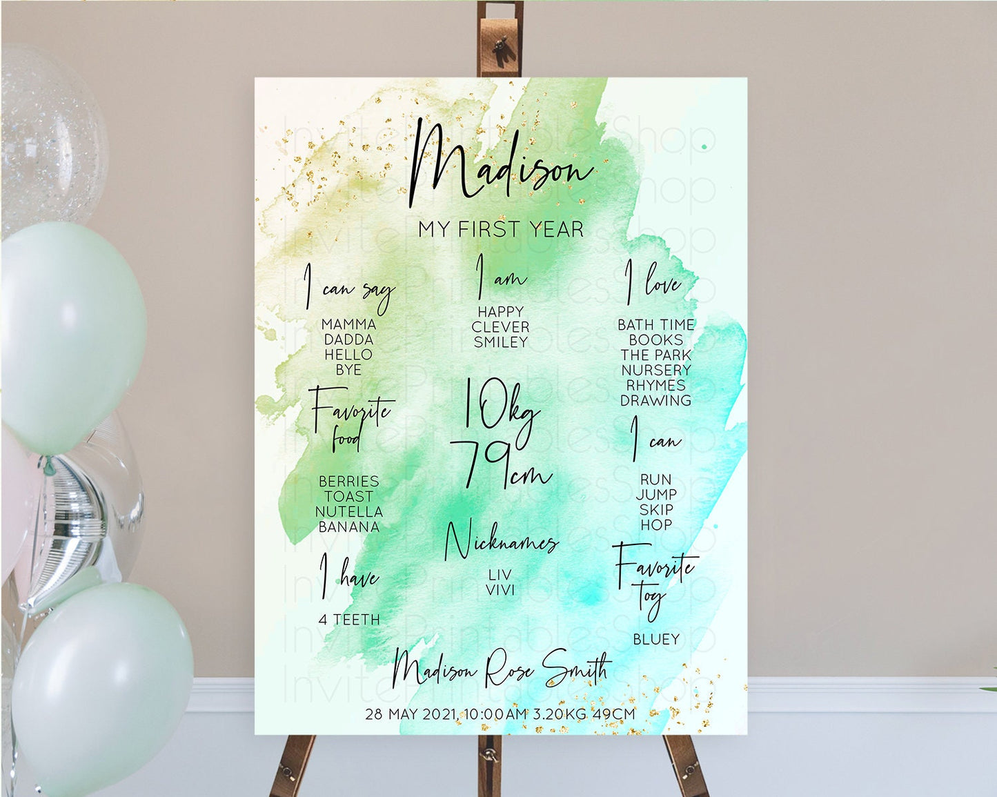 Green First Birthday Milestone Poster Green Watercolor Milestone Board Pastel Green Watercolor Splash Milestone Board 1st Birthday D10170