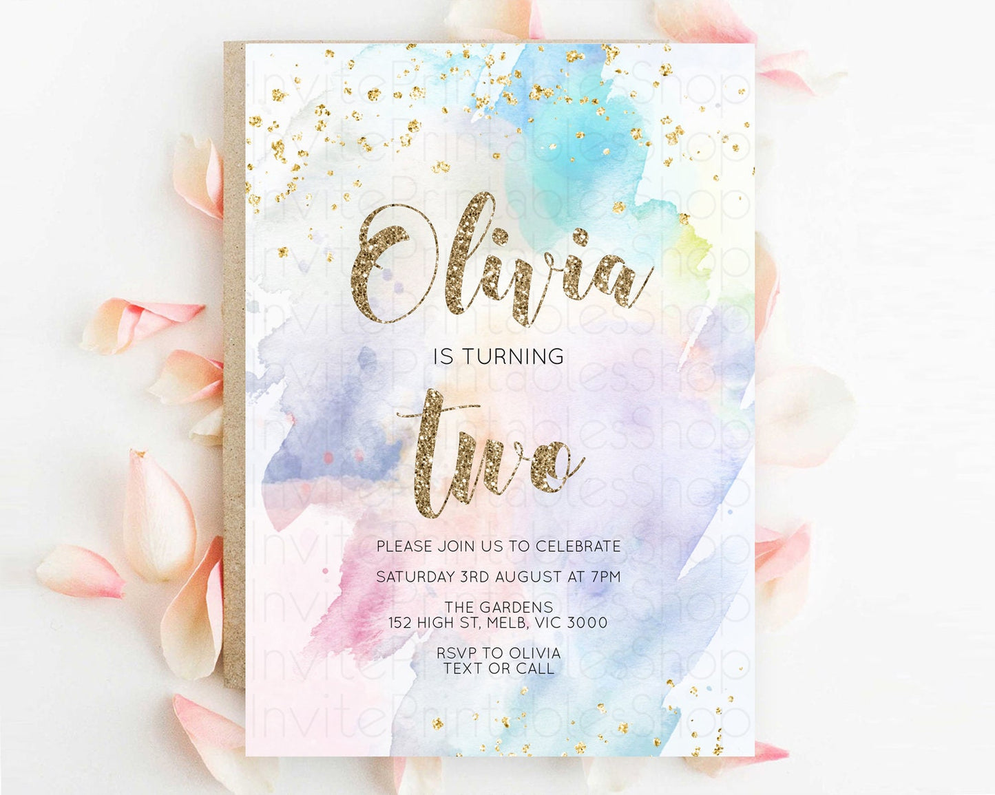 Rainbow Birthday Invitation Colorful Pastel Watercolor Invitation Gold Glitter Sprinkles Ombre Pastel 1st 2nd 3rd Birthday D10421