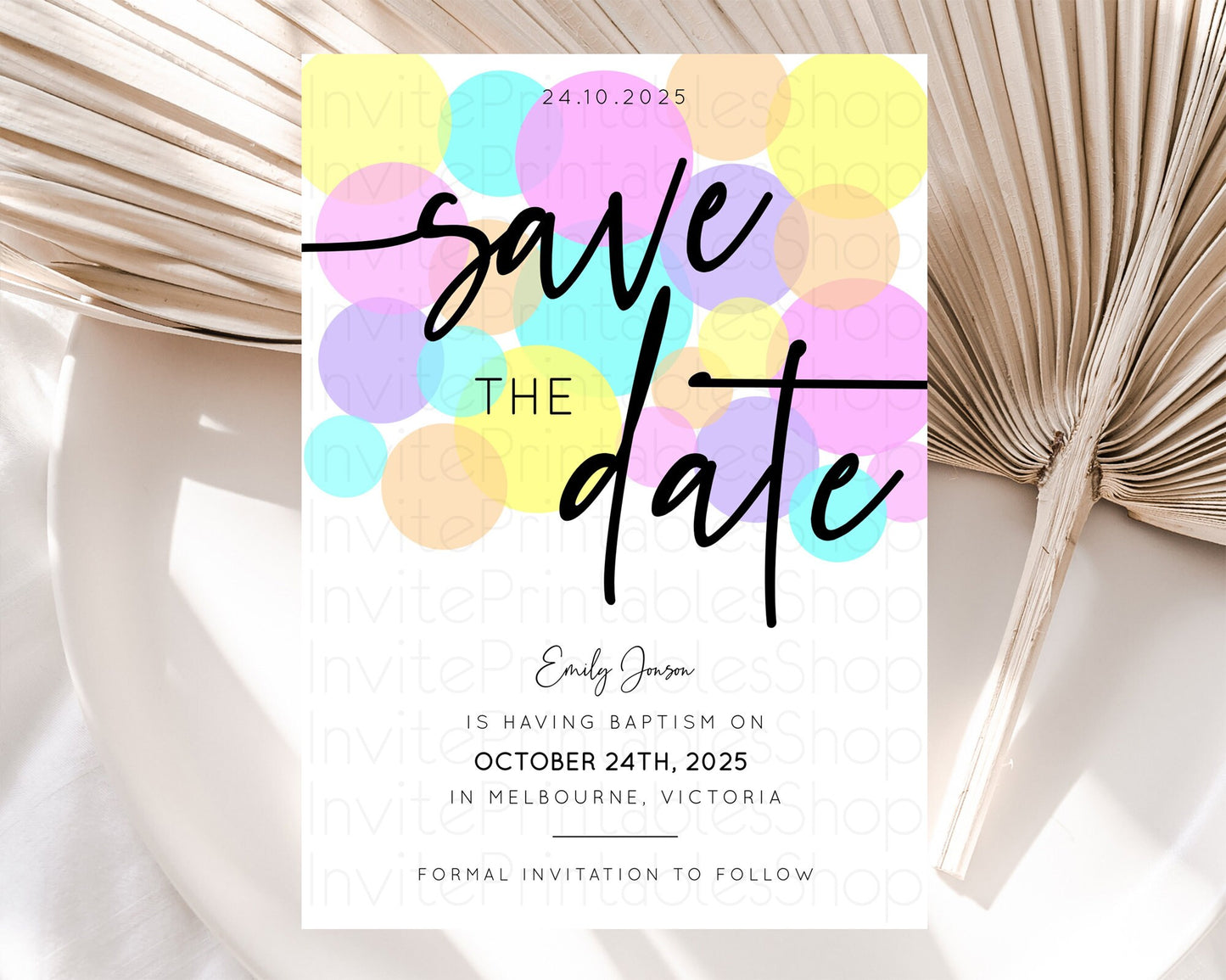 Pastel Confetti Save The Date Template Rainbow Colorful Sprinkles Party For 1st Birthday Baptism Baby Shower Wedding Bridal Shower D10407