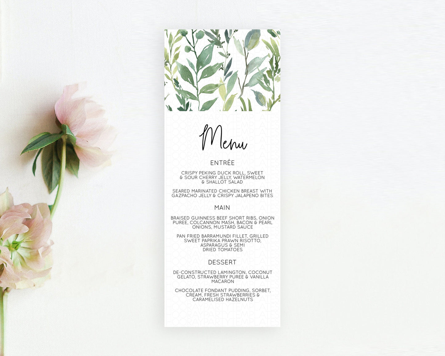 Leafy Menu Green Leaf Menu Template Eucalyptus Fern Leaves Decor Watercolor Boho Garden Leaf Branch Dinner Dessert Party Food Menu D10964