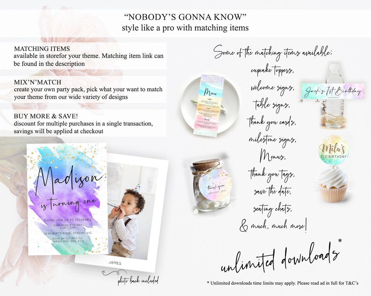 Rainbow Birthday Invitation Colorful Pastel Watercolor Invitation Gold Glitter Sprinkles Ombre Pastel 1st 2nd 3rd Birthday D10491