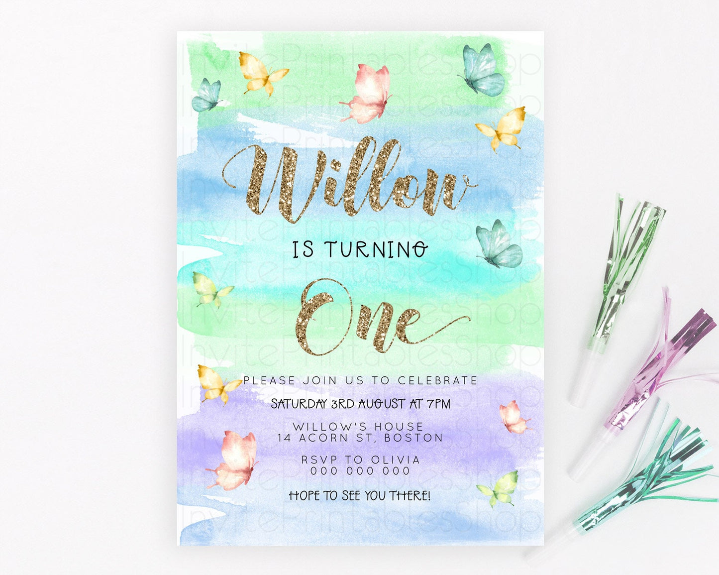 Pastel Butterfly Birthday Invitation Butterfly Birthday Invitation Colorful Splash Glitter Butterfly Garden 1st 2nd Birthday D23227