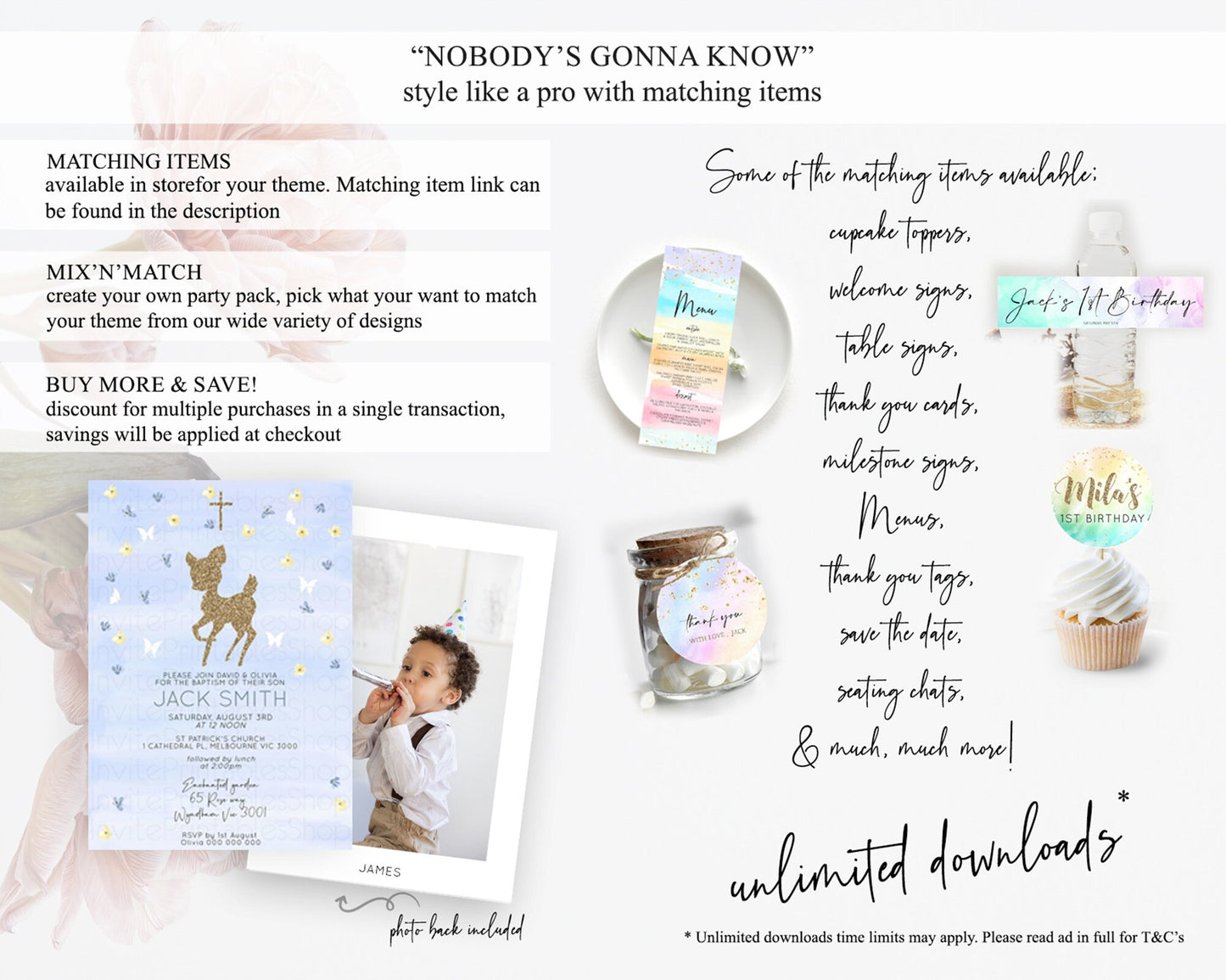 Fawn Baptism Invitation Deer Baptism 1st Birthday Invitation Enchanted Forest Christening Invitation Pastel Garden Butterfly Floral D10863