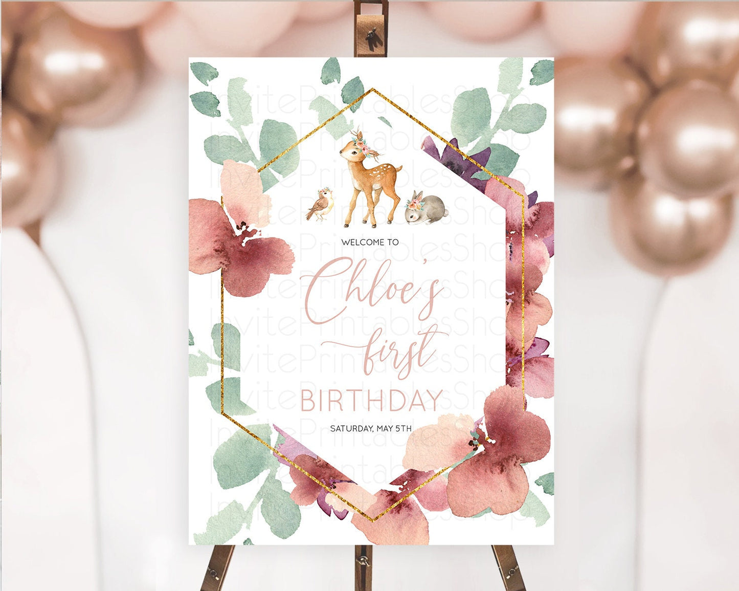 Fawn Welcome Sign Deer Welcome Board Floral Deer Welcome Poster Enchanted Forest Butterfly Pastel Floral First Birthday Welcome Sign D10913