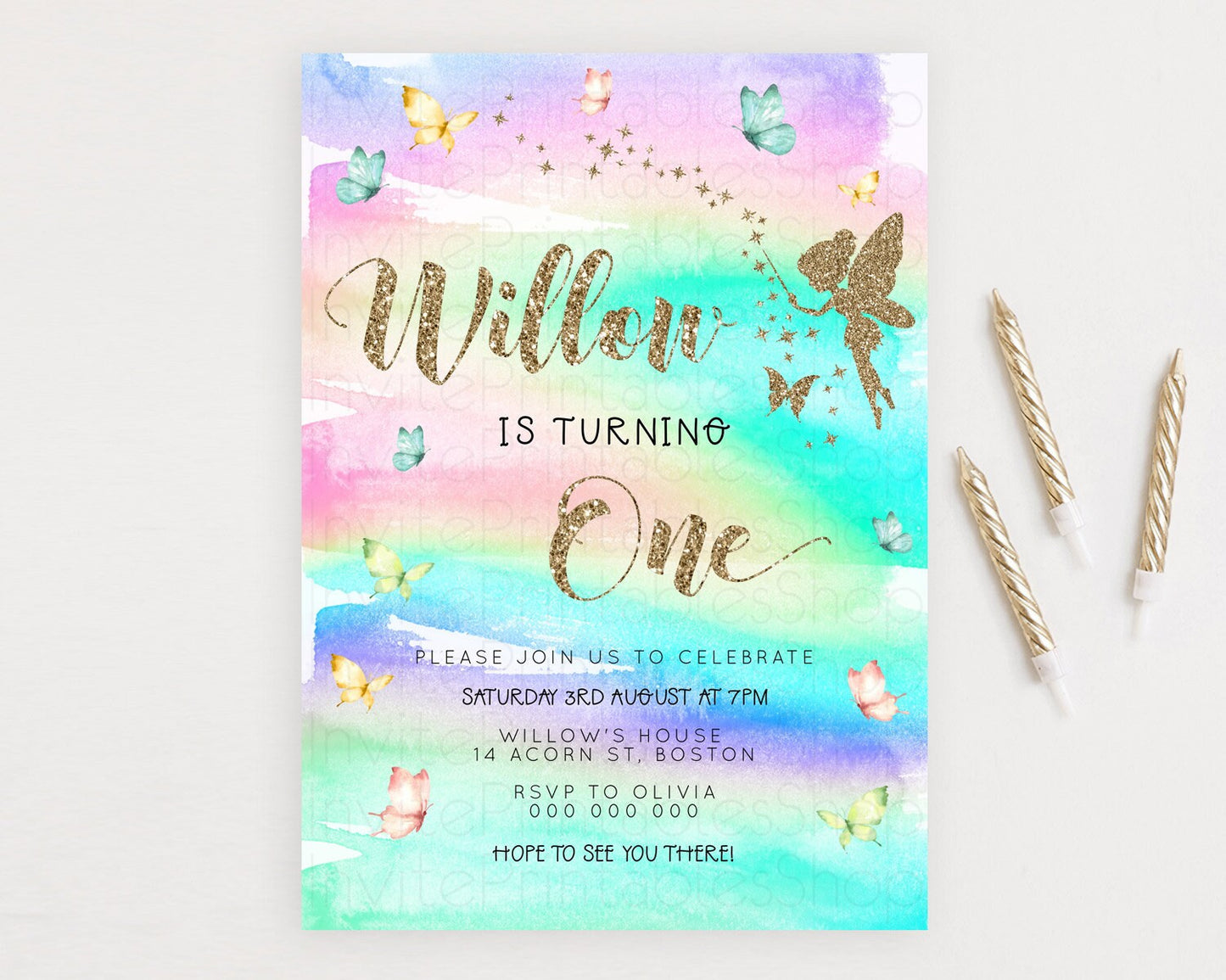 Pastel Fairy Birthday Invitation Pastel Butterflies Fairy Birthday Invitation Rainbow Ombre Watercolor 1st 2nd Birthday Invitation D23308