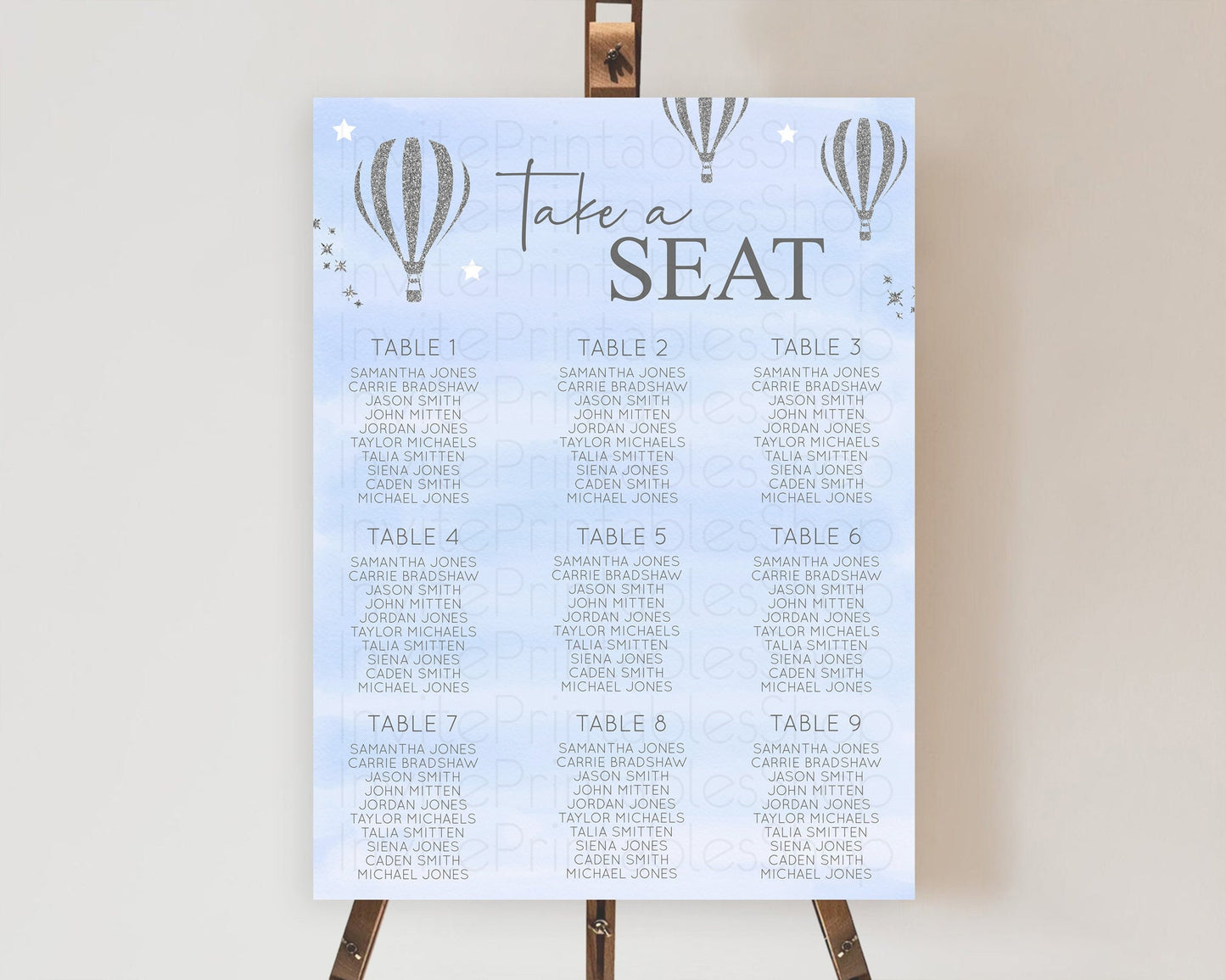 Hot Air Balloon Seating Chart Hot Air Balloon Seating Chart Adventure Awaits Up & Away Glitter Blue Watercolor Seating Take a Seat D10334