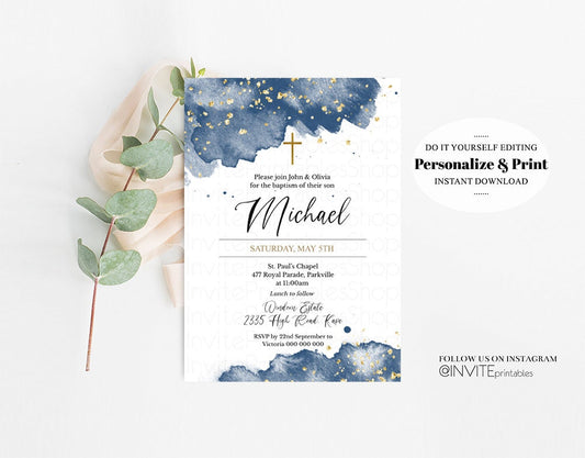 Navy Blue Gold Watercolor Baptism Invitation Pastel Navy Splash Christening Invitation Glitter Sprinkles Invite Cross Holy Communion