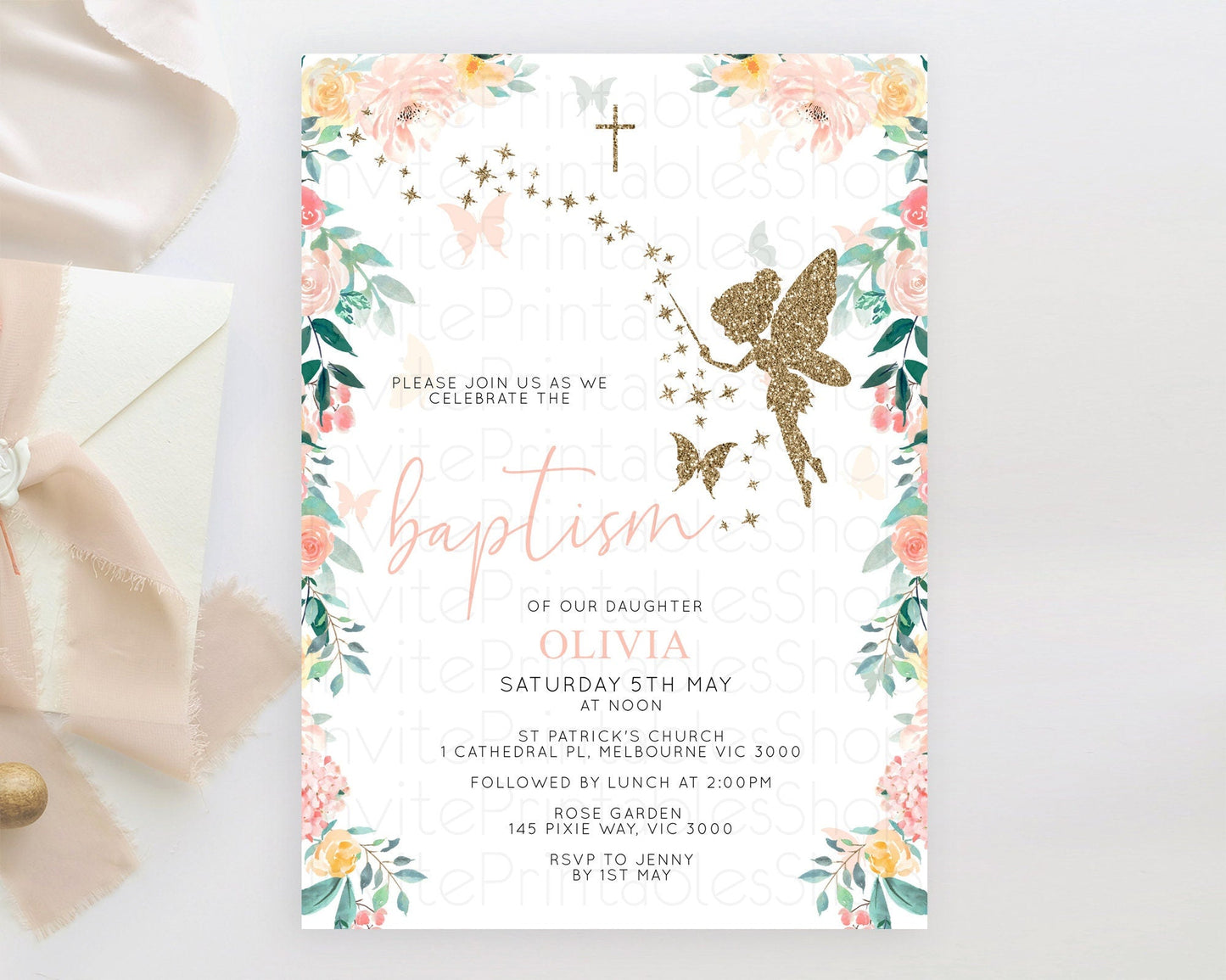 Fairy Baptism Invitation Fairy Baptism 1st Birthday Invitation Enchanted Secret Garden Christening Invite Pastel Floral Butterfly D10789