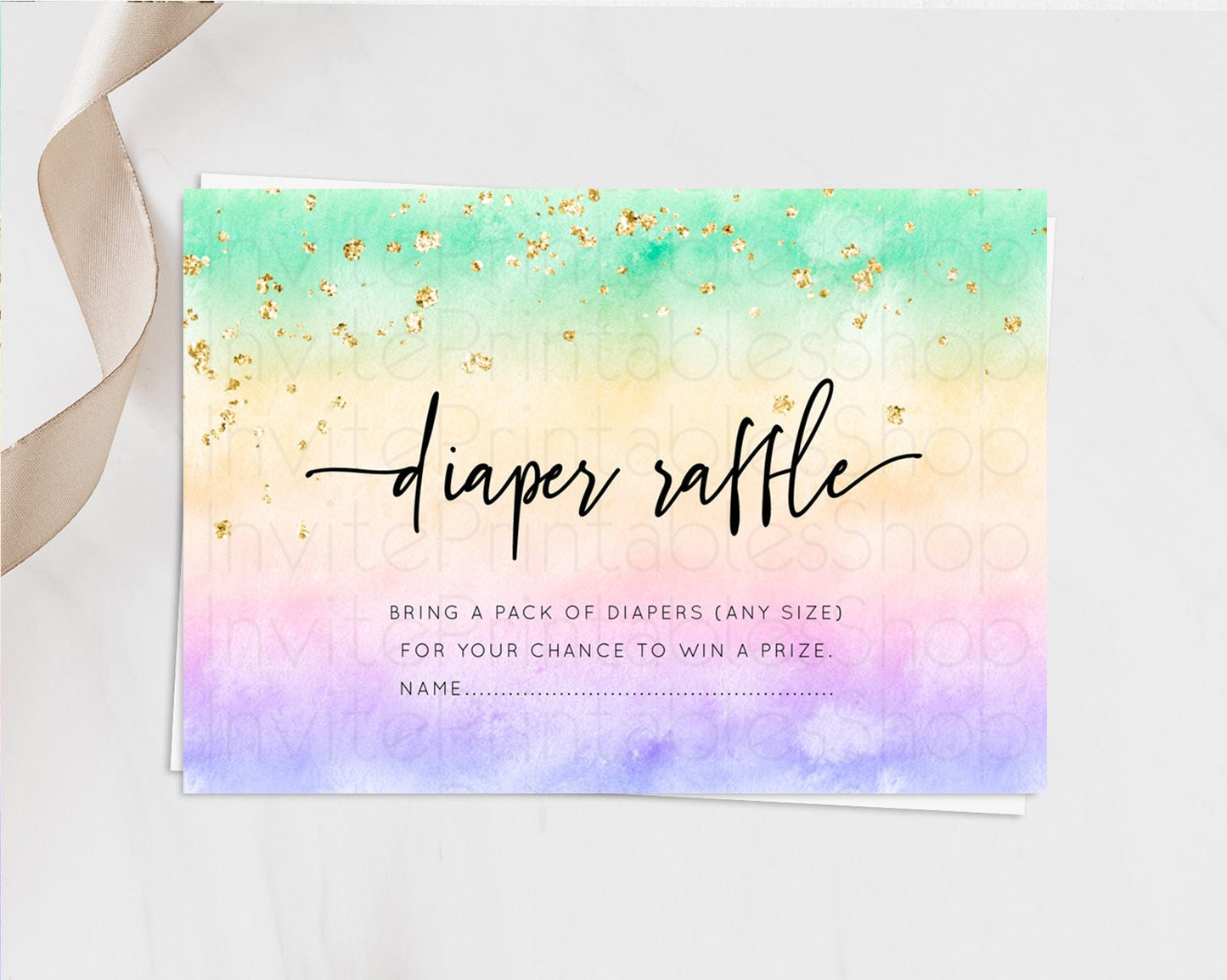 Pastel Diaper Raffle Card Pastel Rainbow Diaper Raffle Insert Colorful Ombre Watercolor Diaper Ticket Confetti Glitter Raffle Game D10485