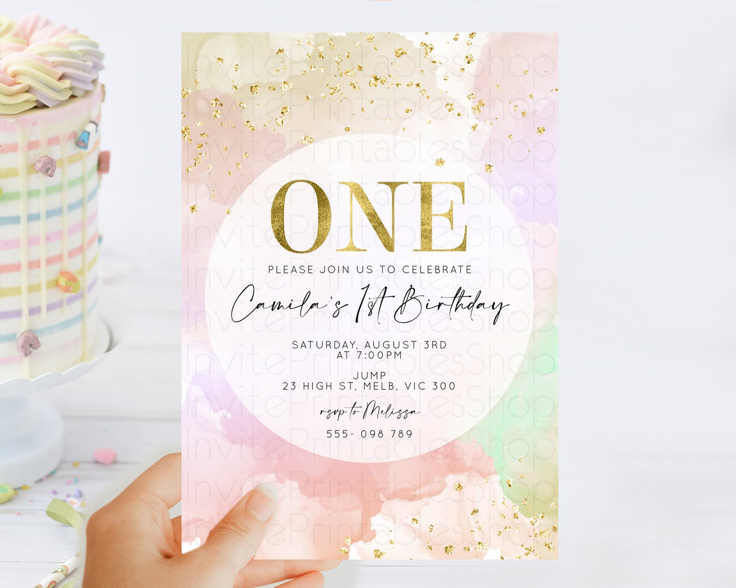 Rainbow Birthday Invitation Colorful Pastel Watercolor Invitation Gold Glitter Sprinkles Ombre Pastel 1st 2nd 3rd Birthday D10627