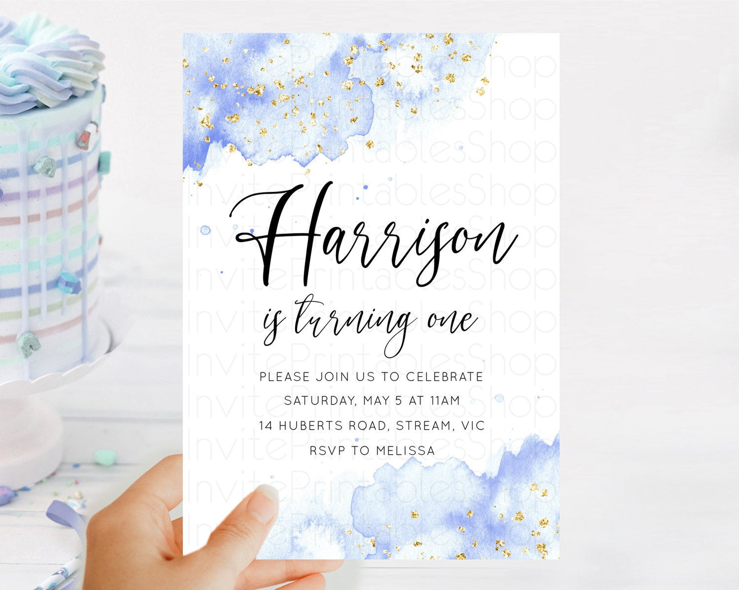 Blue Birthday Invitation Blue Watercolor Invitation Pastel Blue Watercolor Invitation Blue Splash Gold Invitation 1st First Birthday D10313