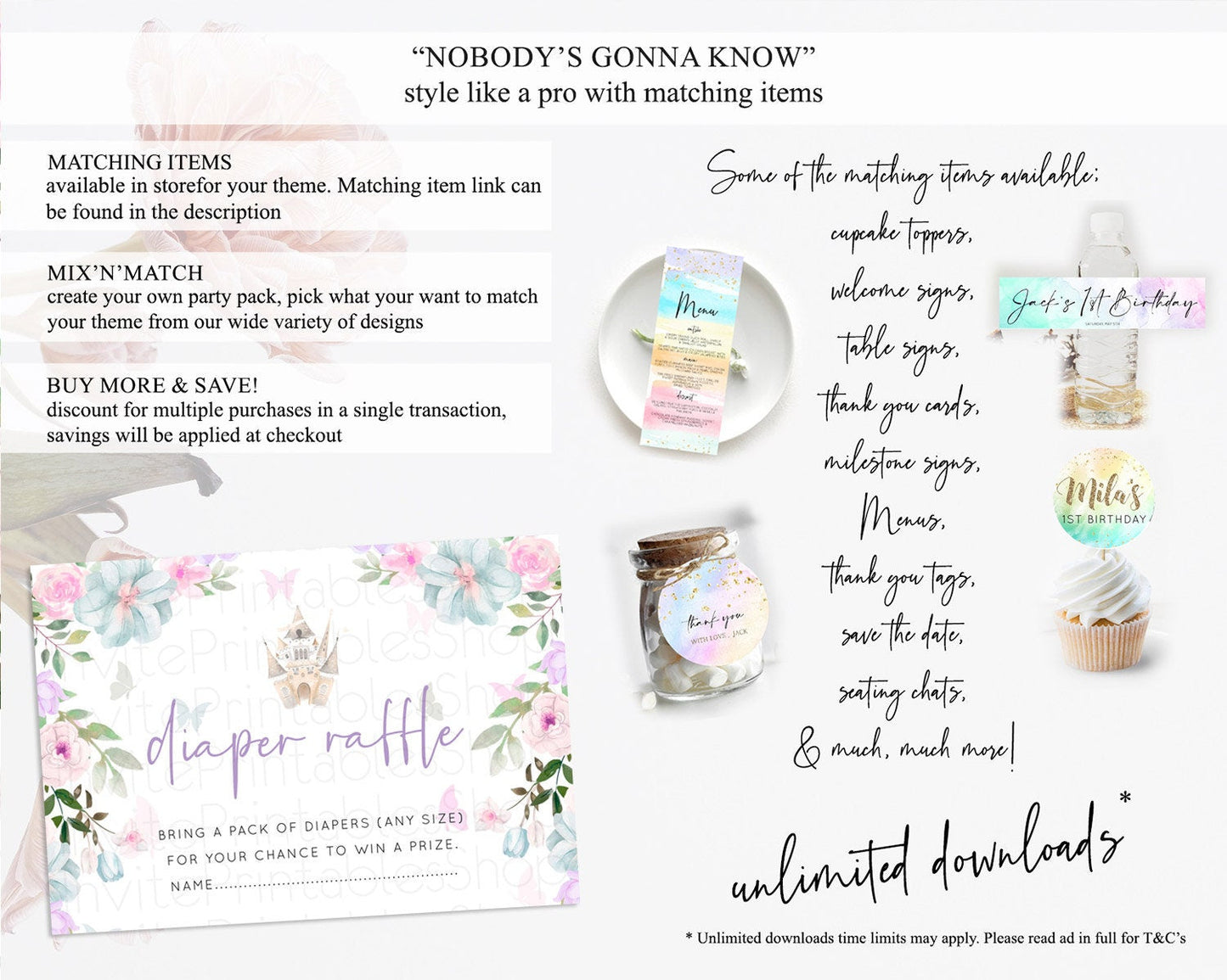 Princess Diaper Raffle Card Castle Diaper Ticket Insert Secret Garden Enchanted Castle Pastel Floral Garden Baby Shower Poem Request D10471