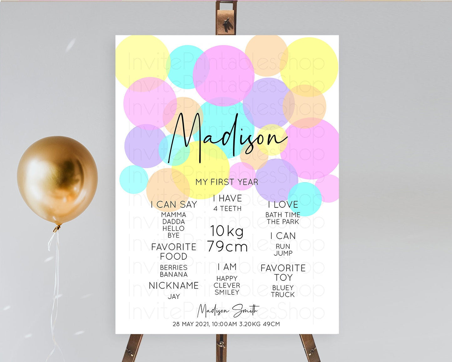 Pastel First Birthday Milestone Poster Pastel Rainbow Confetti First Birthday Milestone Board Colorful Bubbles Birthday Welcome Sign D10406