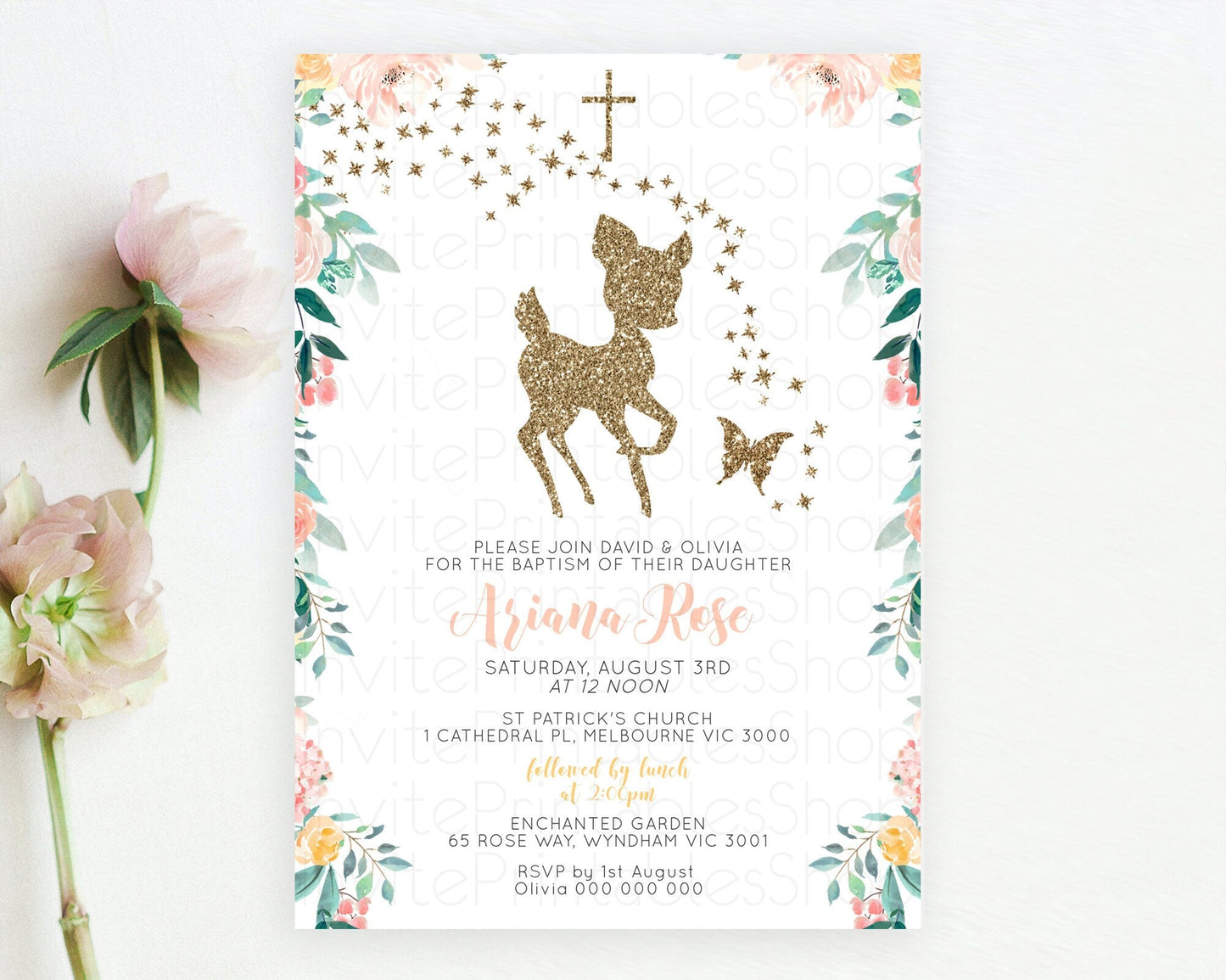 Fawn Baptism Invitation Deer Baptism 1st Birthday Invitation Enchanted Forest Christening Invitation Pastel Garden Butterfly Floral D10874