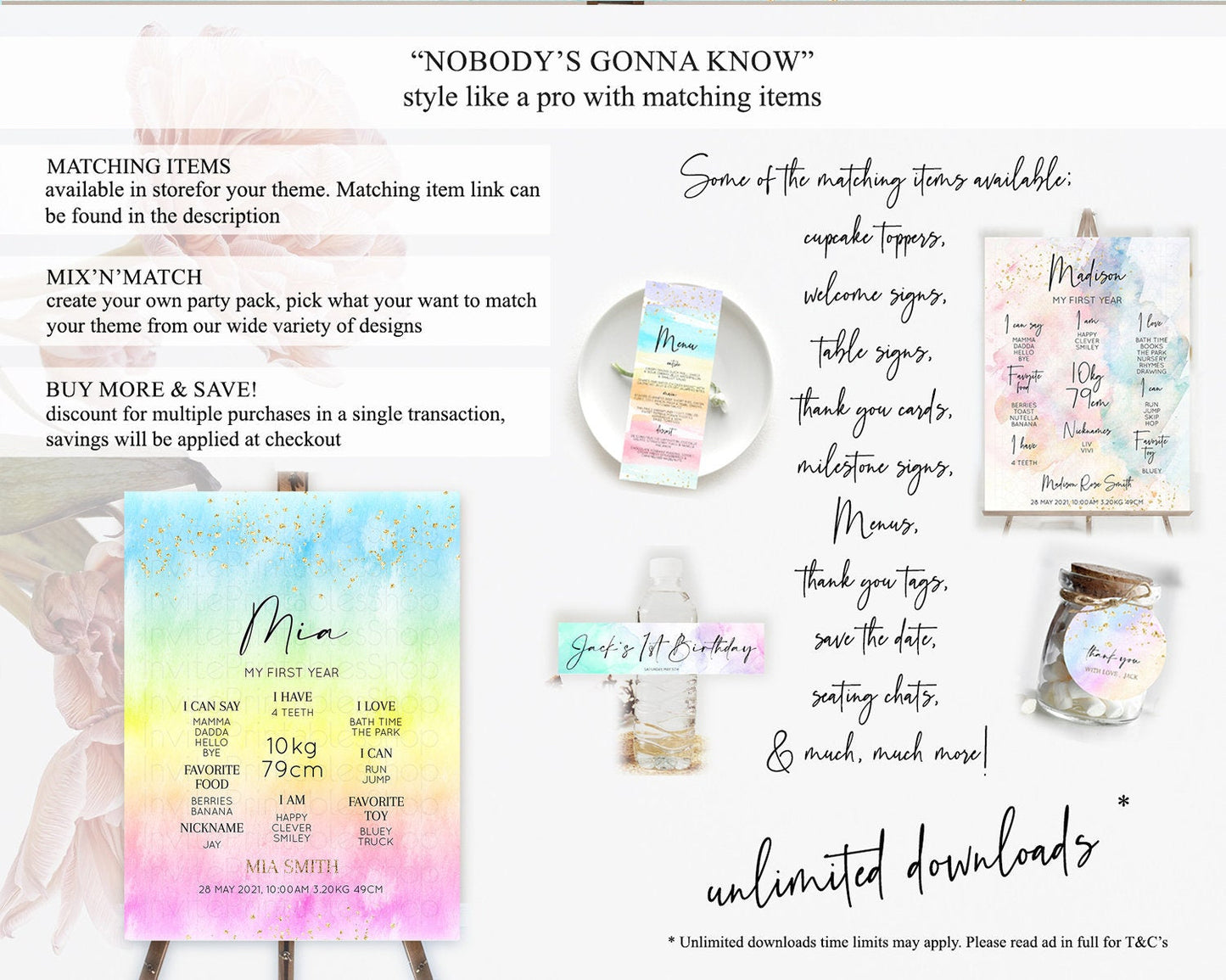 Pastel First Birthday Milestone Board Pastel Rainbow Milestone Poster Colorful Confetti Watercolor Glitter 1st Birthday Welcome Sign D10483