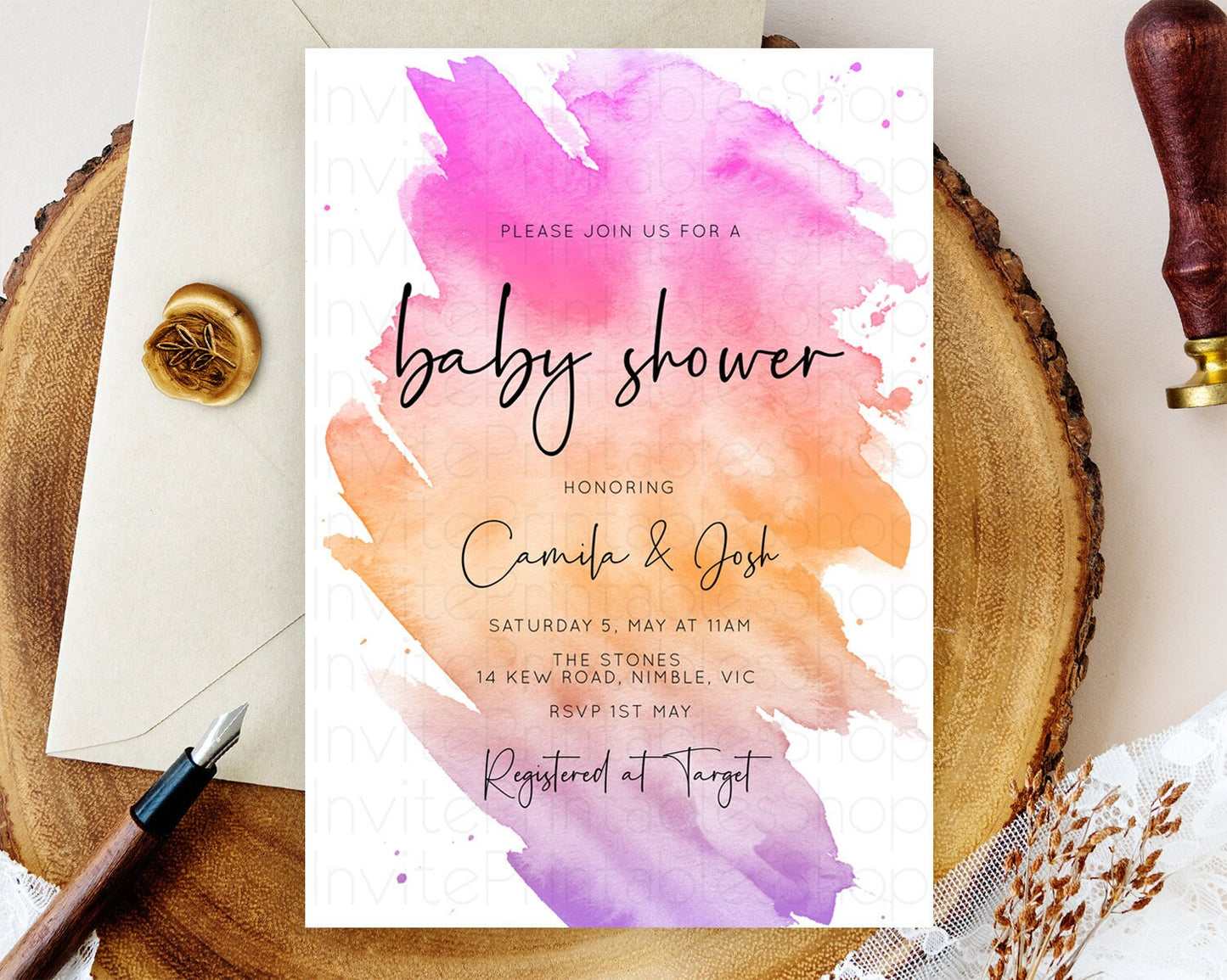 Pastel Baby Shower Invitation Rainbow Baby Shower Invitation Colorful Pastel Watercolor Invitation Gold Glitter Sprinkles Ombre D10488