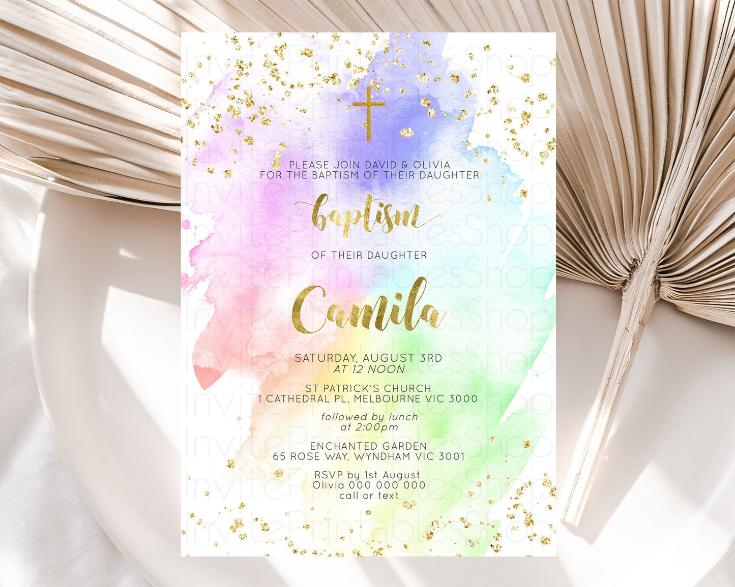 Pastel Baptism Invitation Pastel Colors Watercolor Baptism 1st Birthday Party Gold Ombre Pastel Rainbow Christening Holy Communion D10876