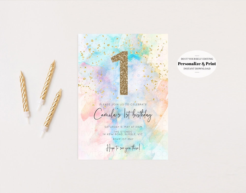 Rainbow Birthday Invitation Colorful Watercolor Gold Glitter Sprinkles Ombre Pastel Invitation 1st 2nd 3rd Printable Editable Invite 276v3