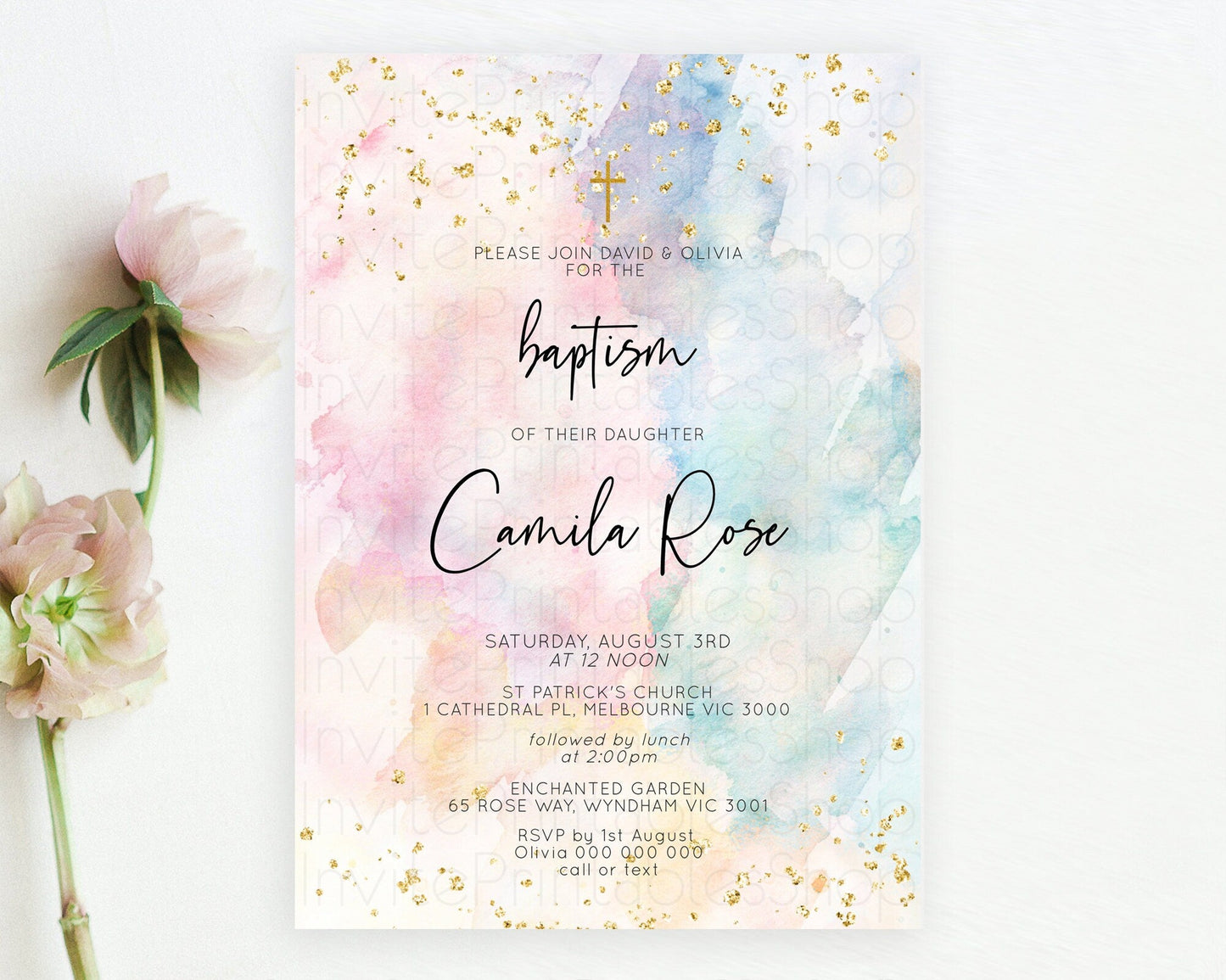 Pastel Baptism Invitation Pastel Colors Watercolor Baptism 1st Birthday Party Gold Ombre Pastel Rainbow Christening Holy Communion D10276