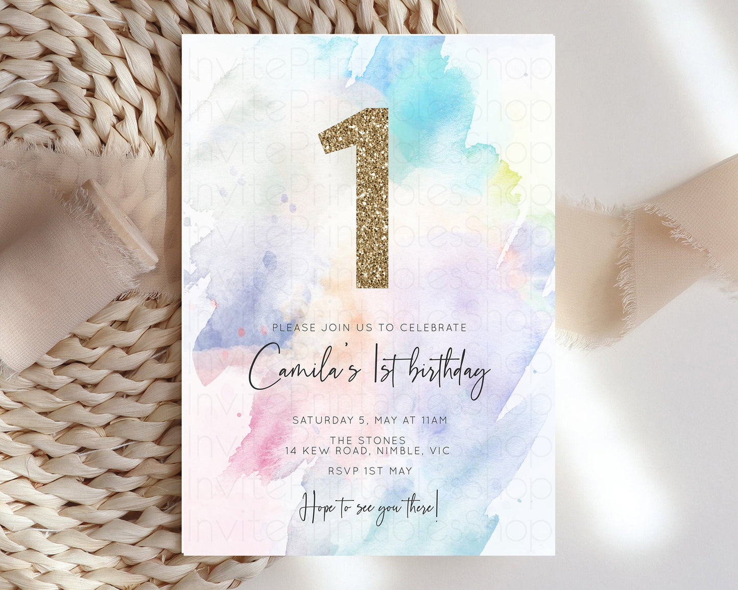 Rainbow Birthday Invitation Pastel Birthday Invite Ombre Watercolor Invite Enchanted Theme Colorful Splash Glitter Sprinkles 1st 2nd 3rd