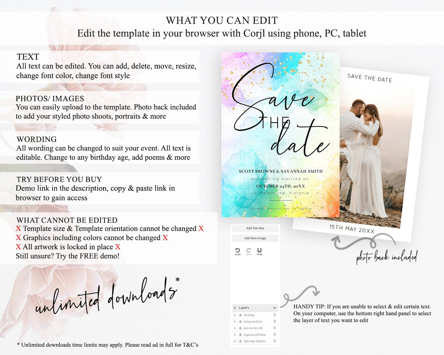 Pastel Save The Date Template Pastel Ombre Rainbow Watercolor Colorful Party For Birthday Baptism Baby Shower Wedding Bridal Shower D10771