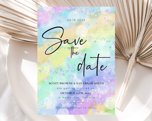 Colorful Save The Date Template Pastel Rainbow Watercolor Iridescent Ombre Party For 1st Birthday Baptism Baby Shower Bridal Shower D10689