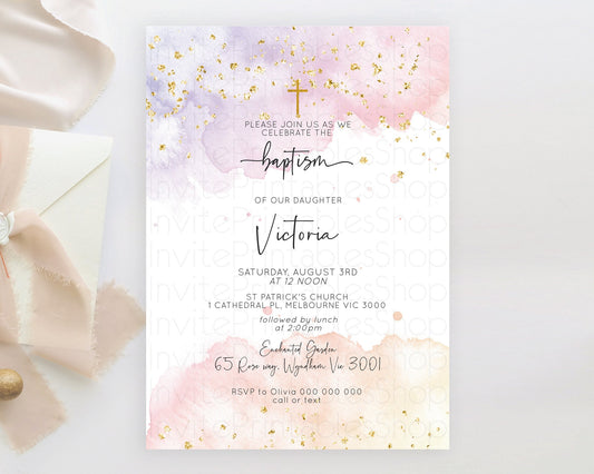 Pastel Baptism Invitation Pastel Colors Watercolor Baptism 1st Birthday Party Gold Ombre Pastel Rainbow Christening Holy Communion D10327