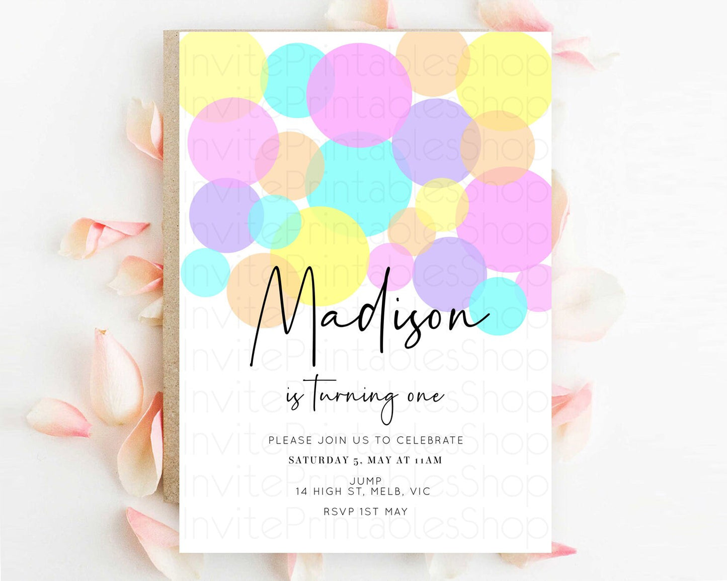 Pastel Birthday Invitation Pastel Confetti Birthday Invitation Bubbles Invitation Colorful Rainbow Confetti 2nd 1st First Birthday D10406