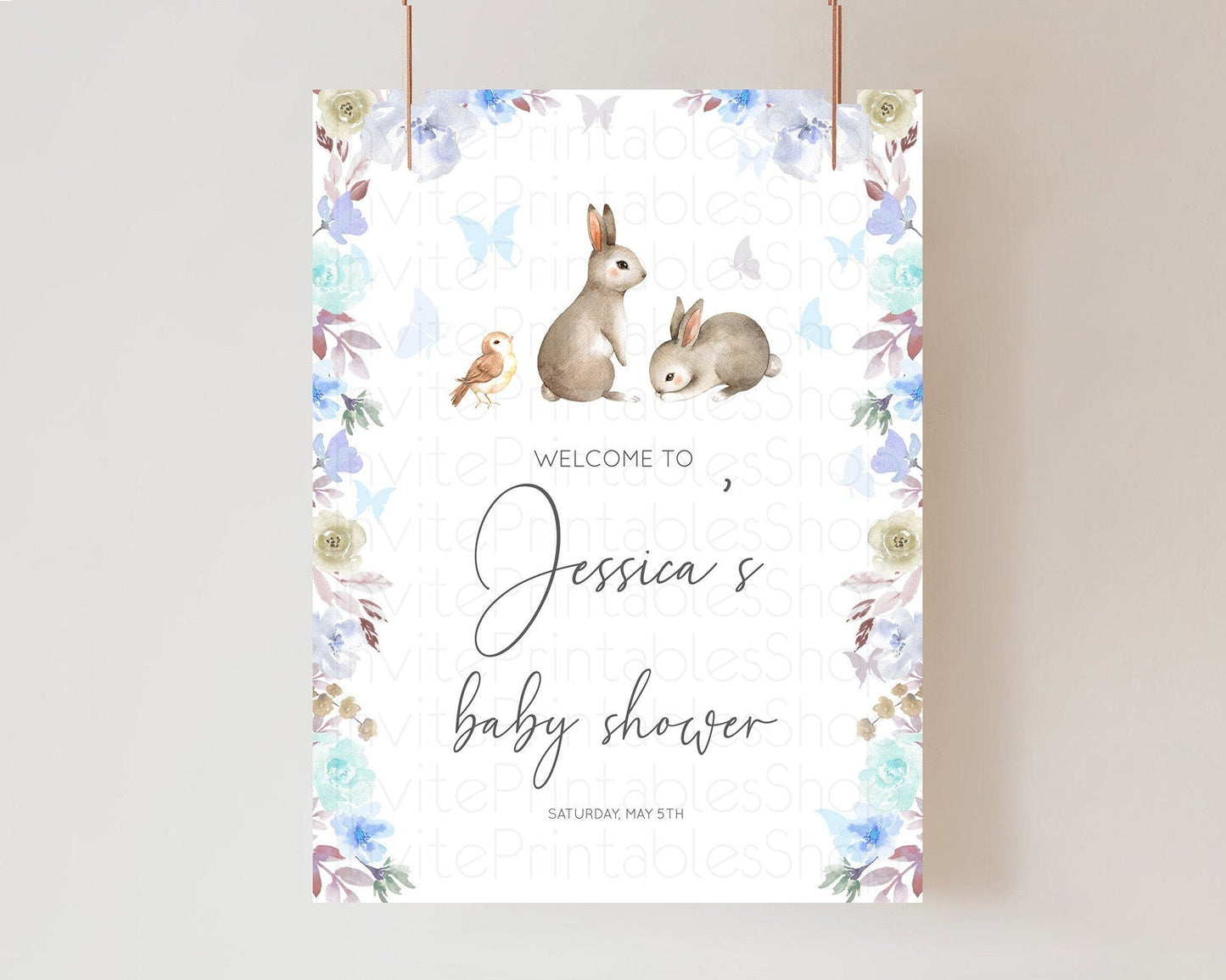 Bunny Baby Shower Welcome Sign Floral Bunny Welcome Board Pastel Flowers Woodland Bunny Welcome Poster Forest Bunny Welcome Sign D10927