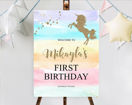 Editable Unicorn Rainbow Birthday Welcome Board Pastel Unicorn Welcome Sign