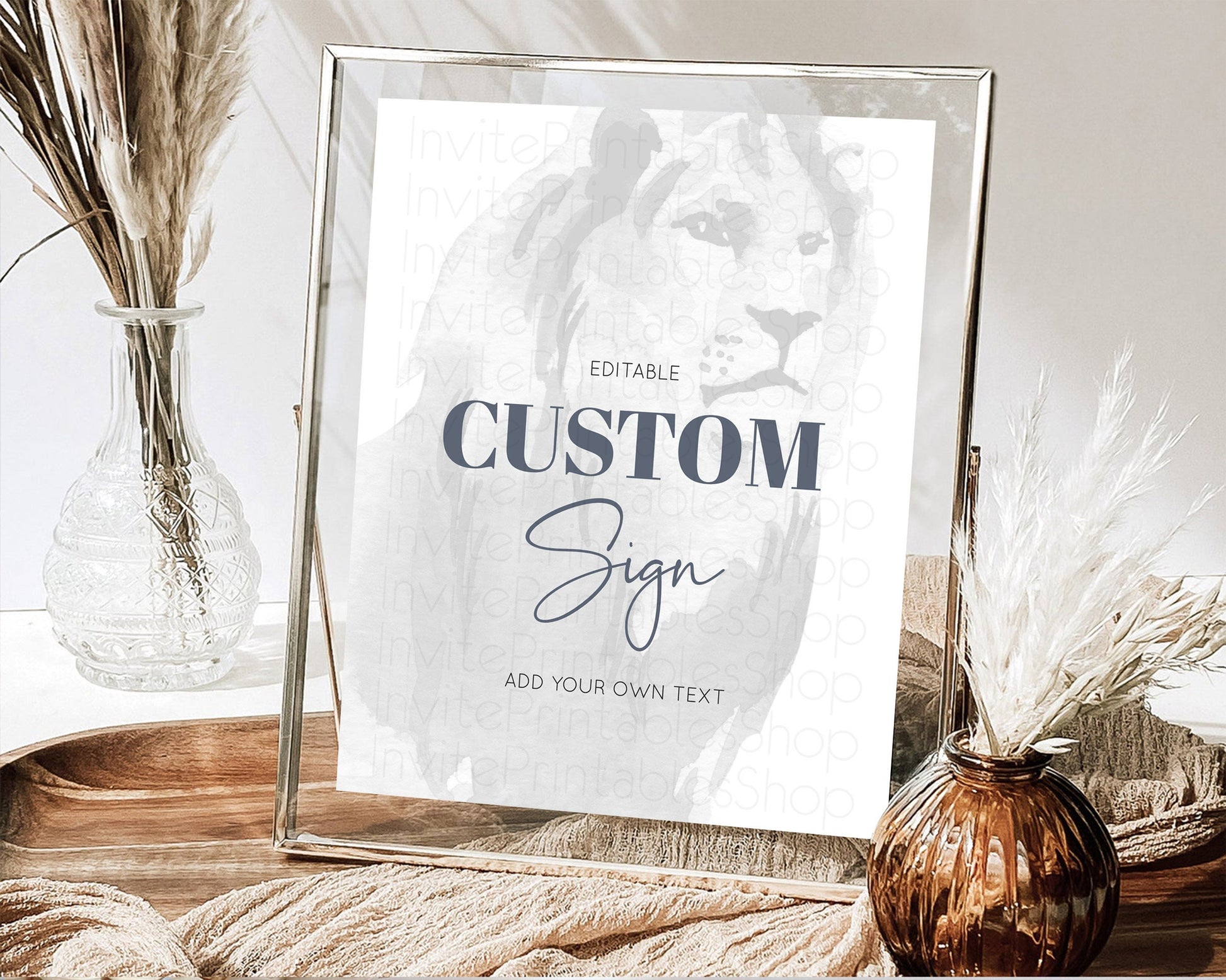 Editable Lion Table Sign Decor Lion Safari Adventure Party Dried Palm Ferns