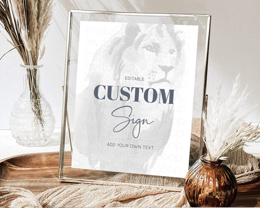Editable Lion Table Sign Decor Lion Safari Adventure Party Dried Palm Ferns