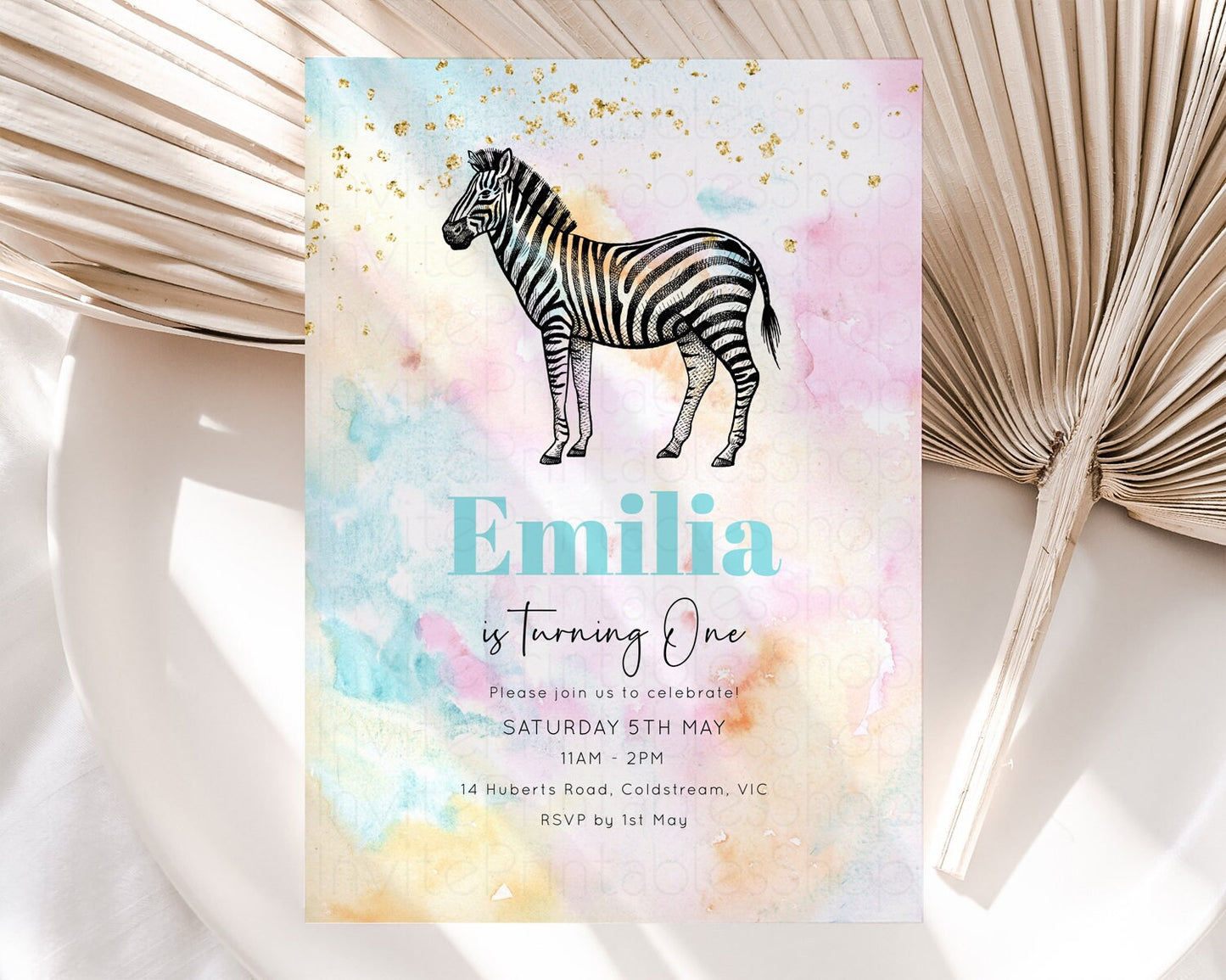 Pastel Zebra Birthday Invitation Pastel Zebra Invite Rainbow Zebra Invitation Colorful Watercolor Invite Safari Zoo Glitter Invite W282