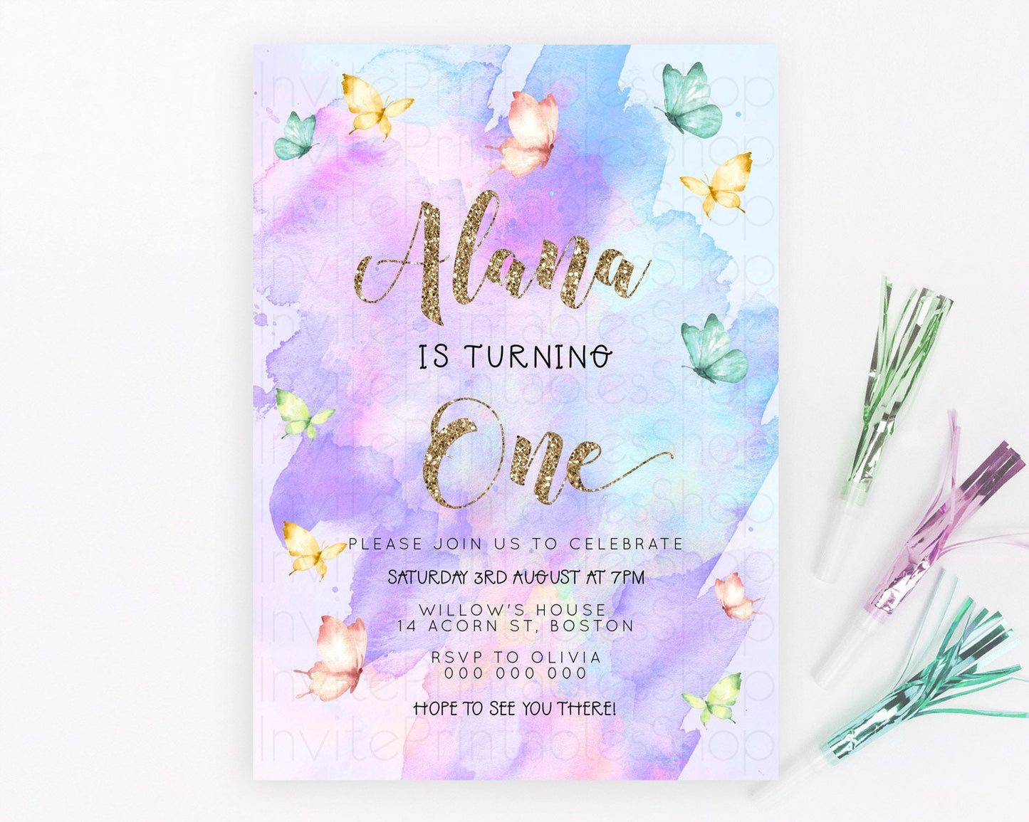 Pastel Butterfly Birthday Invitation Butterfly Birthday Invitation Colorful Splash Glitter Butterfly Garden 1st 2nd Birthday D23249